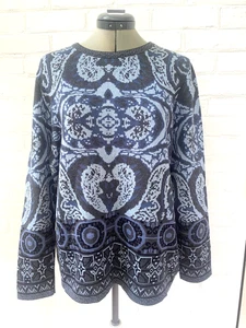 SKOVHUUS GEMUSTERTER WEICHER BAUMWOLLMISCHUNG GRAU BLAU TUNIKA PULLOVER XL - Bild 1 von 4