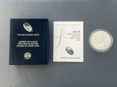 US MINT 2014 W AMERICAN EAGLE ONE OUNCE SILVER UNCIRCULATED COIN OGP/COA #8104 - Image 1 of 4