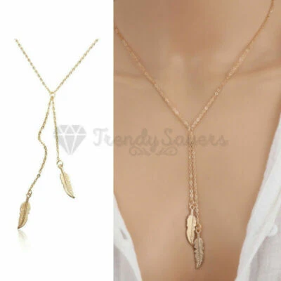 High Polished Gold Leaf Pendant Feather Dangle Lariat Charm Long Chain Necklace - Image 1 of 4