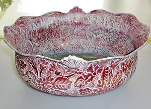 Vintage Metal April Cornell Large Oval Shaped Embossed Floral Tin Bowl 4 Flowers - Picture 1 of 8