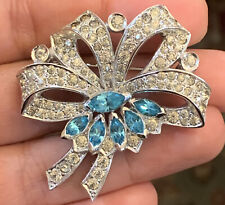 Vintage Brooch Pin 2” Flower Blue Topaz Crystal Marquise Rhinestones Lot1