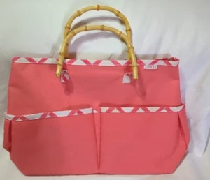Clinique Bright Coral Canvas Tote Bag Bamboo Handles Outside Pockets 16x11.5x6 - Picture 1 of 5