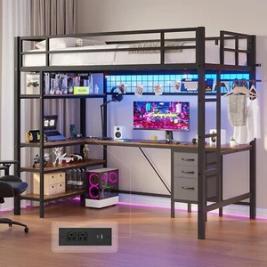 Twin Size Loft Bed with L-Shaped Desk Metal Loft Bed Frame with Storage Shelves - Picture 1 of 6