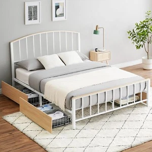 Queen Size Bed Frame Headboard Metal Platform Bed Frame with 4 Storage Drawers - Picture 1 of 15