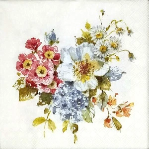 S463# 3 x Single SMALL Paper Napkins Decoupage Flower Bunch Pink Blue On Cream - Imagen 1 de 3