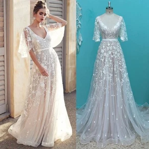 Backless Wedding Dresses Short Sleeves Applique Train V Neck A Line Bridal Gowns - Picture 1 of 11