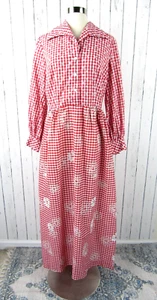 Vintage 70s Red White Gingham Maxi Hostess Dress Floral Long Sleeve Large L - Picture 1 of 7