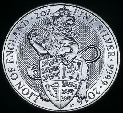 Moneda de plata fina 2016 Reino Unido Gran Bretaña £5 Queen's Beasts León de Inglaterra 2 oz Foto 1 de 2