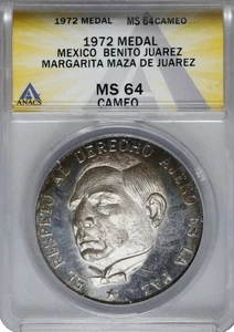 1972 Mexico Benito Juarez Silver Medal ANACS MS-64 Cameo High Relief RARE - Picture 1 of 4