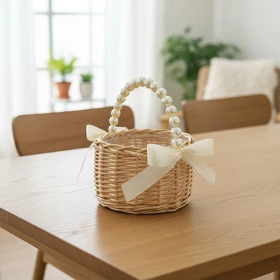 Elegante cesta hecha a mano para niñas con flores - diseño de ratán con mango de arco de perlas - 7,68 pulgadas Foto 1 de 4