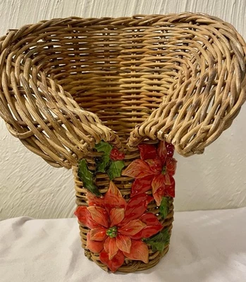 Vintage Wicker Wine Holder Brown Caddy Basket Poinsettias Beautiful 11 X 9 EUC - Image 1 of 4