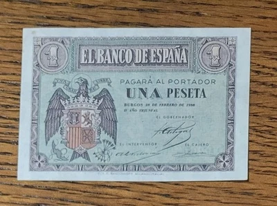 Spain 1 peseta,  1938. AUNC banknote. Rare, see pictures. - Image 1 of 2