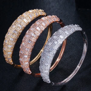 Pesante Mirco Pave Placcato Oro Giallo Cubic Zirconia Grande Bracciale Matrimonio per Spose - Foto 1 di 14