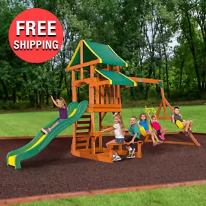 Backyard Playground Cedar Wooden Swing Set Kids Play Outdoor Fun with 8 Ft Slide - Picture 1 of 12