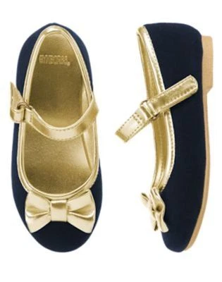 NWT GYMBOREE HOLIDAY SHINE Twilight Navy Gold Bow Velvet Flats Shoes 5 Toddler - Image 1 of 2
