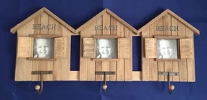Beach Hut Photo Frames Wood Seaside 3x Picture Holders 3x hooks - Picture 1 of 2