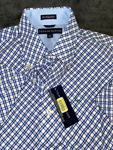 Tommy Hilfiger 80er 2-lagiger Stoff Herren blau gestreift kariert geknöpft Größe M neu mit Etikett - Bild 1 von 8