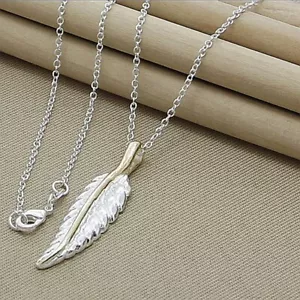 Stylish Fashion 925 Sterling Silver Leaves Feather Pendant Necklace Chain - Picture 1 of 4