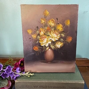 Dipinto olio originale d'epoca natura morta vaso fiori rosa gialla firmato Pietro - Foto 1 di 12