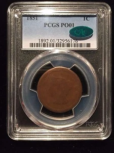 1851 Capelli Intrecciati Gran Cent PCGS PO01 CAC Lowball Poor 1 PR1 Rame BOTTOM POP - Foto 1 di 4