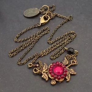Michal Negrin Necklace Red Flower Lace Leaves Crystals Bead Early Vintage Dainty - Picture 1 of 13