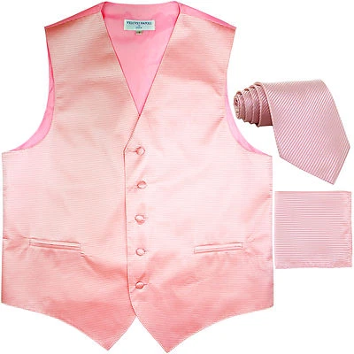 New men's tuxedo vest waistcoat & neck tie set horizontal stripes formal pink - Image 1 of 4