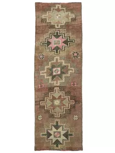 3.10x12.9 ft Vintage Wide Runner,Turkish Oushak Tribal Geometric Wool Runner Rug - Picture 1 of 14