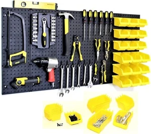 Kit organizador de pared WallPeg Pegboard - paneles de tablero de clavija negros, 12 contenedores amarillos - Imagen 1 de 7