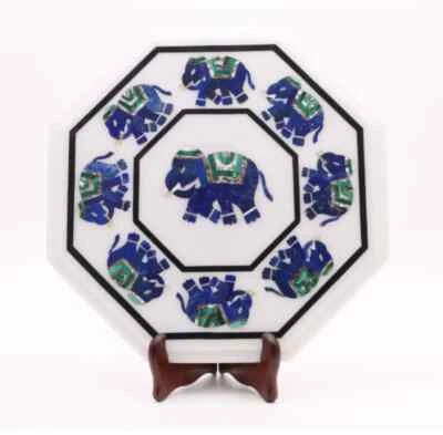 14'' white Marble Center wall panel Table Top Inlay lapis elephant design - Image 1 of 4