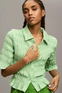 Maeve Anthropologie Green Smocked Button Up Ruffle Trim 3/4 Sleeve Top Medium - Picture 1 of 5