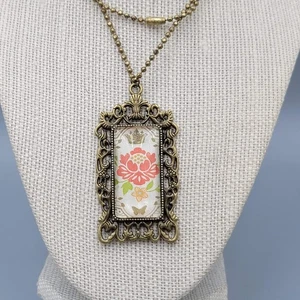 Vintage Floral Glass Framed Pendant Necklace 30" Ball Chain Bronze tone - Picture 1 of 7