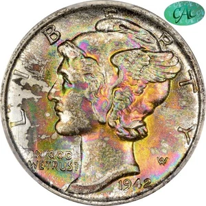 1942 10C MS67+ FB PCGS CAC Toned Color Mercury Dime - Picture 1 of 5