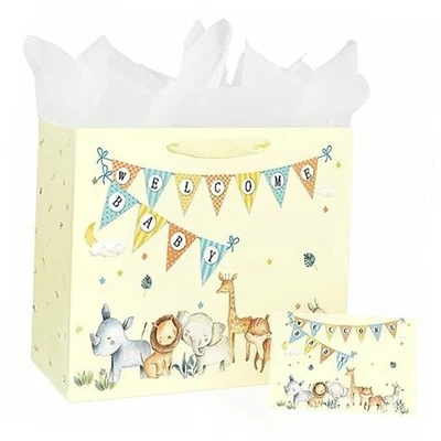 13英寸大号男孩女孩婴儿淋浴礼品袋带纸巾和黄色 — 第 1/4 张图片