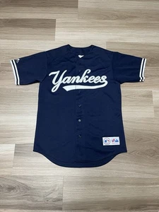 Vintage NY Yankees Majestic Jersey Spell-Out Script Navy Blue SZ Medium MLB USA - Picture 1 of 11