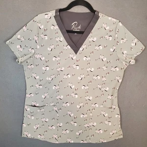 Maevn Damen M Print Scrub Top V-Ausschnitt Kurzarm grau rosa Zebras leicht - Bild 1 von 9