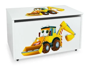 Holz Weiß Kinderbank Spielzeugkiste auf Rädern -Thema: Herr Bagger - Bild 1 von 8