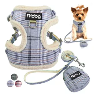 Soft Warm Dog Cat Harness Lead with Treat Bag Cute Fleece Vest Front Clip Plaid - Picture 1 of 19