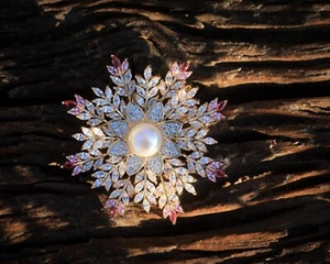 Snowflake Pendant Brooch CZ Red Rose Ruby Cultured Pearl Plated XZ20 - Picture 1 of 10