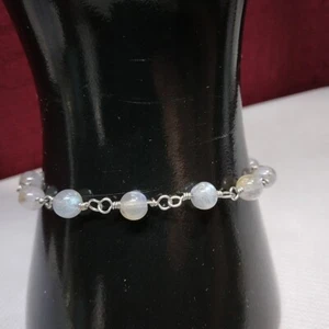 4 Mm Labradorite Beads Wire Wrapped Silver Tone Bracelet Toggle Artisan Made - Picture 1 of 6