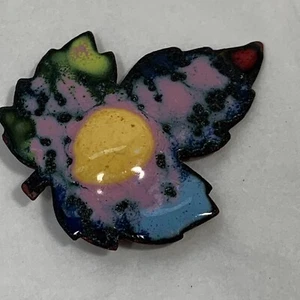 Vintage Handcrafted Copper Enamel Maple Leaf Pin Blue Pink Yellow2" - Picture 1 of 10