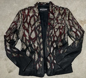 Balmain Paris Bead Embroidered Black Leather Dress Blazer Jacket US 4 6 / FR 38 - Picture 1 of 10
