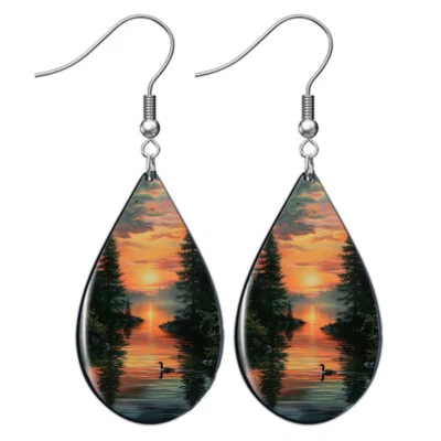 Brincos tranquilos verão pôr do sol lago pato SEM MANCHA madeira lágrima pendurada - Imagem 1 de 4