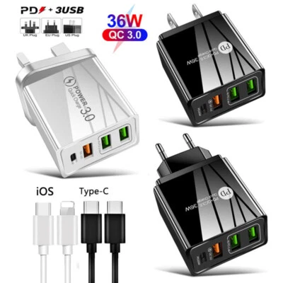 36W USB QC3 PD Fast Wall Charger Adapter UK Plug For iPhone 16 Pro 15 14 Pro Max - Image 1 of 4