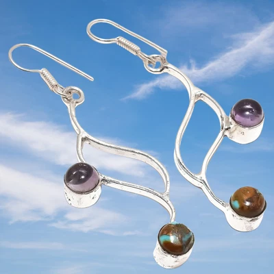 Natural Copper Turquoise, Amethyst Gemstone 925 Silver Earring 2.5" z705 - Image 1 of 4