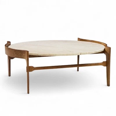 Bertha Schaefer for Singer & Sons Mid Century Travertine and Walnut Coffee Table - Image 1 of 4