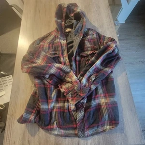  Vintage rot Fleece gefüttert Kapuze Flanell kariert durchgehender Knopf - Bild 1 von 7