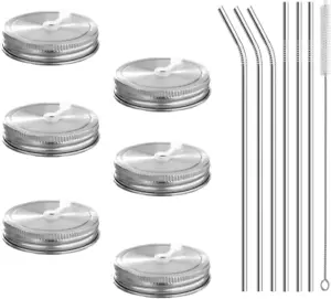 6Pcs Pack 304 Stainless Steel Regular Mouth Mason Jar Lids with Straw Hole, Sili - Picture 1 of 7