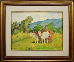 Painting Picture DIPINTO OLIO su tavola EGIDIO MINOCCI Carro con buoi anni '70 - Imagen 1 de 4