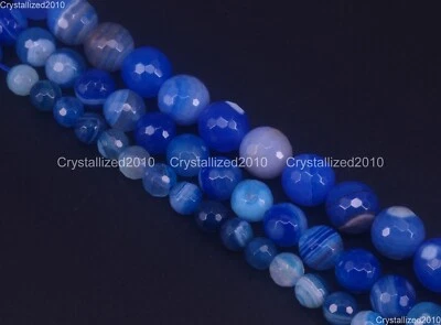 Cuentas redondas facetadas a rayas de piedras preciosas de ágata azul natural 4 mm 6 mm 8 mm 10 mm 15,5"" Foto 1 de 4