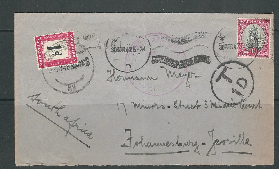 SOUTH AFRICA 1942 cover with (1d) POSTAGE DUE stamps added to YEOVILLE - Image 1 of 1